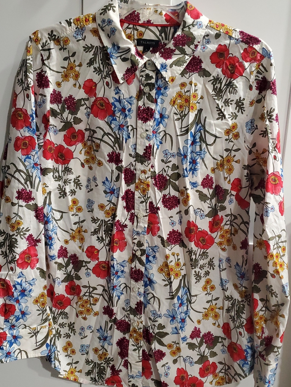 Talbots White Button-Down Shirt with Red, Blue, Yellow & Green Floral Print